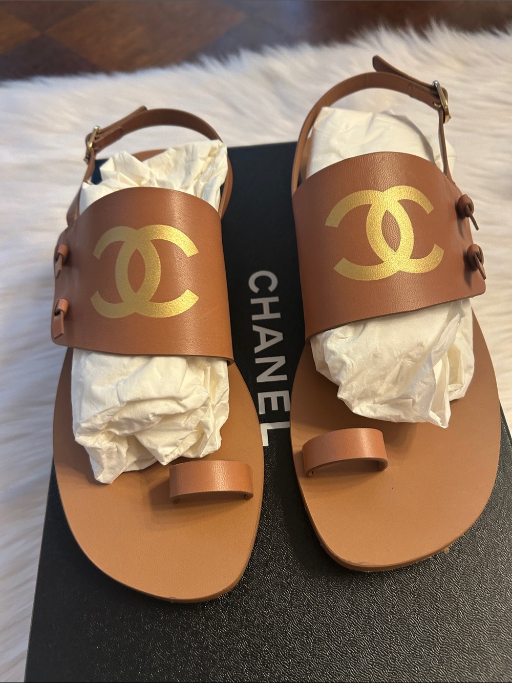 CHANEL Tan Leather Sandals with Gold CC Logo